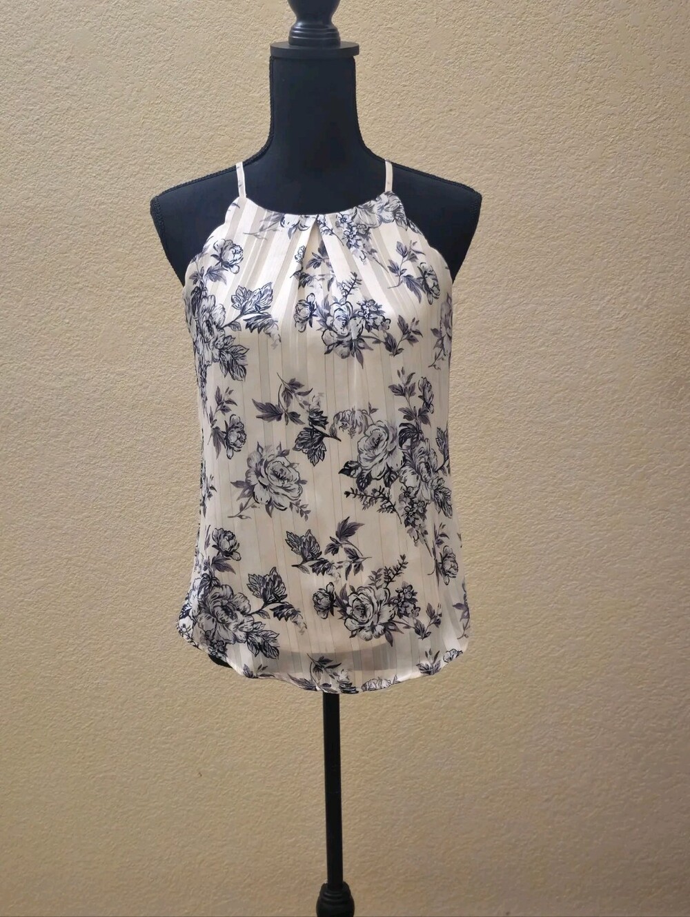 BCX White Floral Halter Camisole with Black Print